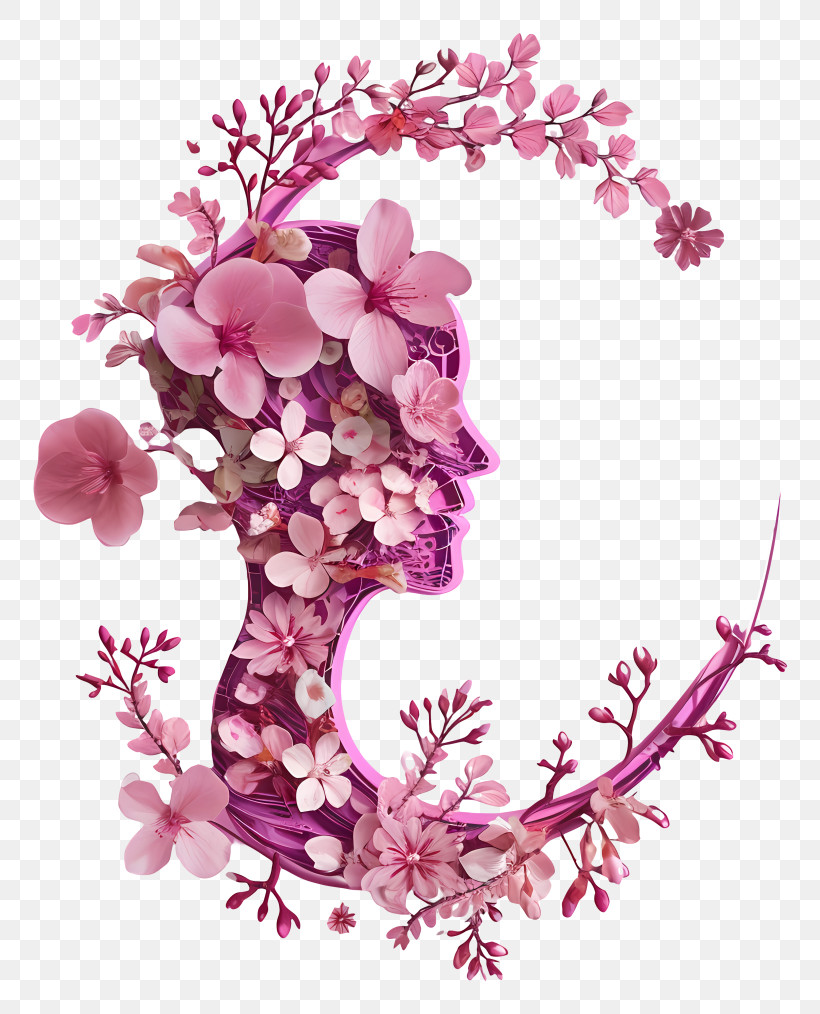 In The Style Of Hyperrealistic Illustrations - Floral Letter C With Profile Illustration PNG