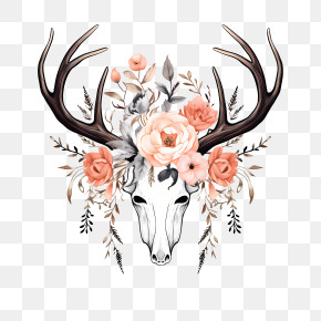 Antlers And Flowers - Deer Skull With Flowers And Antlers Design PNG