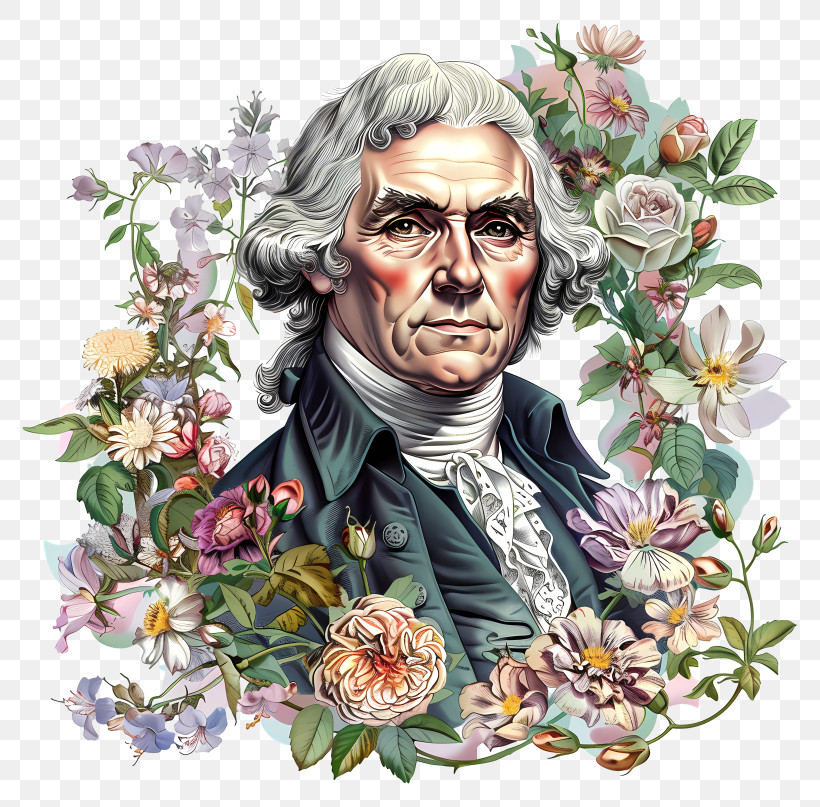 Thomas Jefferson - Historical Figure With Floral Accents Illustration PNG