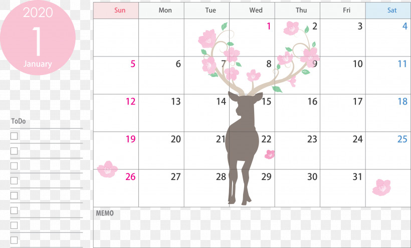 January 2020 Calendar January Calendar 2020 Calendar, PNG, 3000x1818px, 2020 Calendar, January 2020 Calendar, Deer, January Calendar, Line Download Free