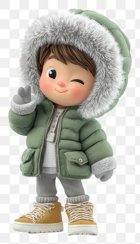 Winking Kid In Green Fur-hood Parka PNG