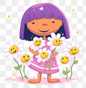 Girl Holding Daisies - Girl Holding Smiling Flowers PNG