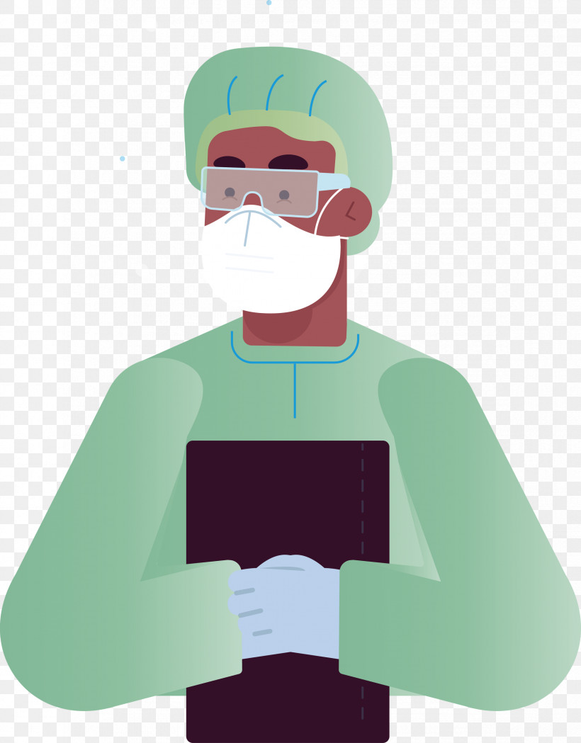 Facial Hair Cartoon Character Green Outerwear, PNG, 2344x3000px, Doctor With Mask Cartoon, Behavior, Cartoon, Character, Character Created By Download Free